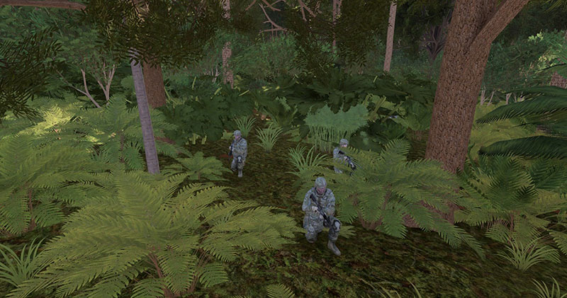 The first COA is tested as the virtual soldiers advance towards each phas line through the jungle. The VBS4 3D view shows that the cover will be excellent